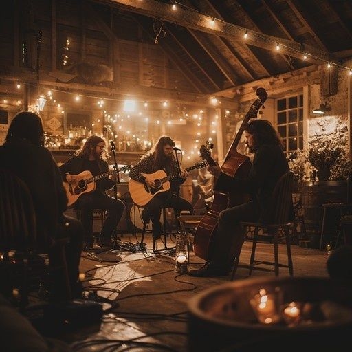 Akustisk konsert med gitarister og kontrabass i en lun låve